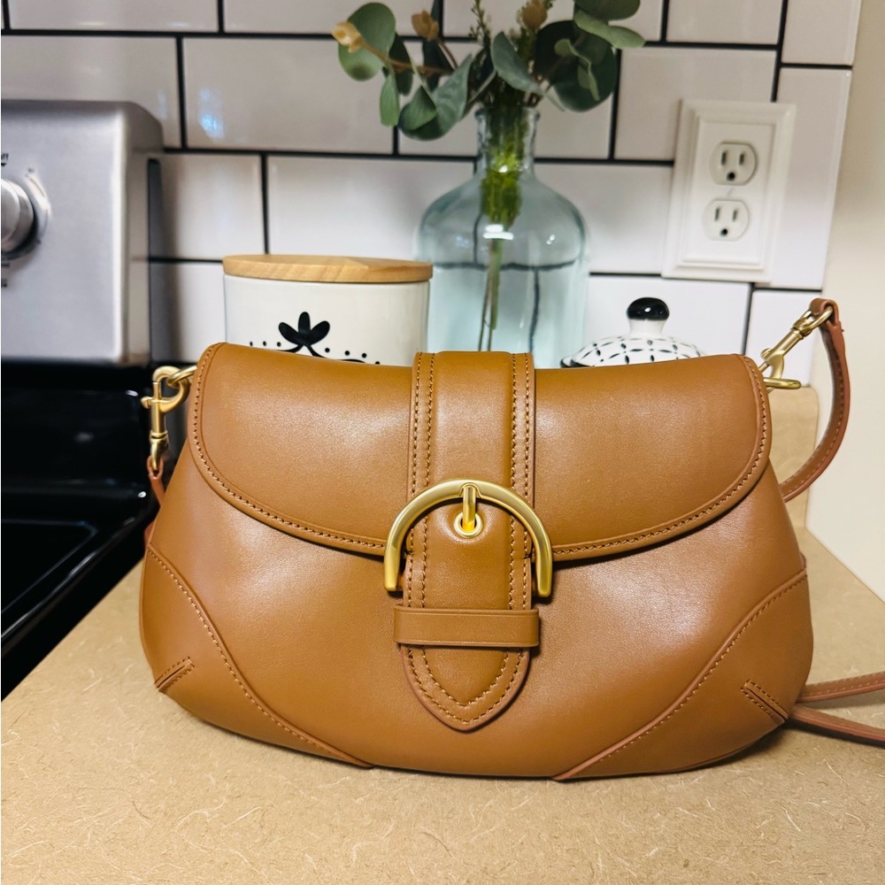 Cognac Leather Crossbody Purse with Gold Accents